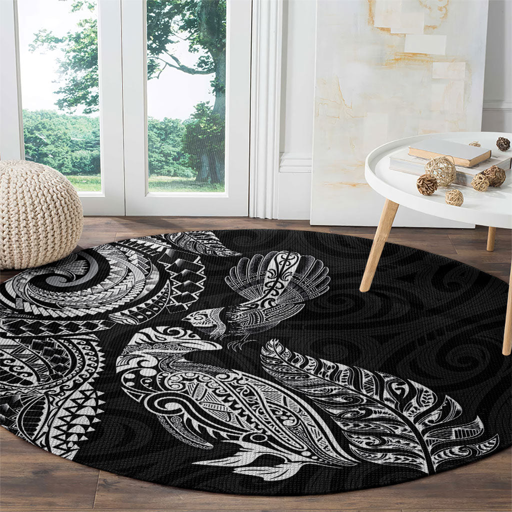 Aotearoa Moko Tribal Tattoo Round Carpet New Zealand Maori Penguin and Fantail Black Color LT03 - Polynesian Pride