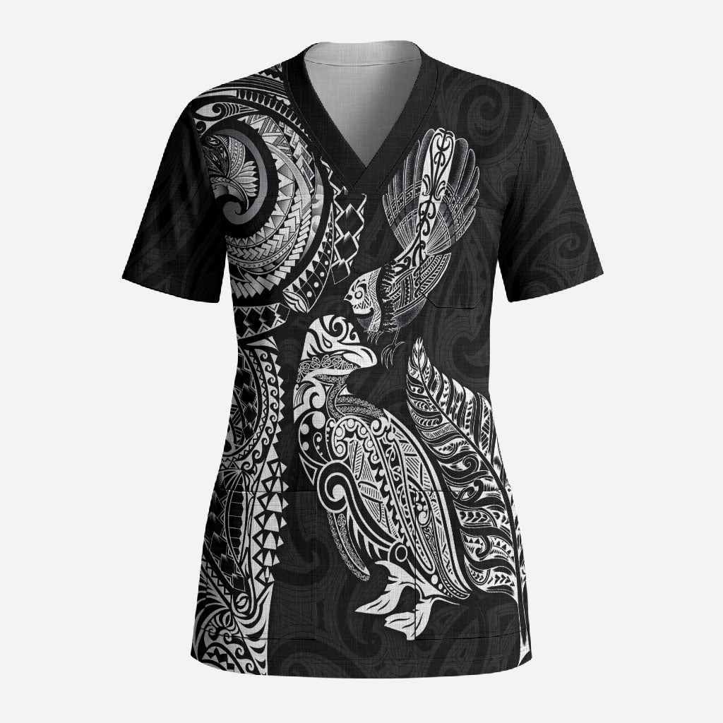 Aotearoa Moko Tribal Tattoo Scrub Top New Zealand Maori Penguin and Fantail Black Color LT03 Adult Black - Polynesian Pride