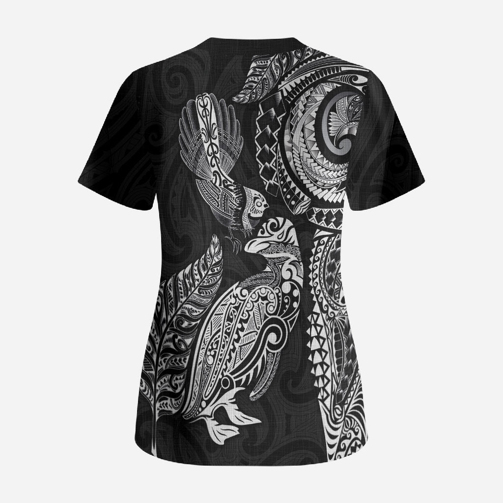 Aotearoa Moko Tribal Tattoo Scrub Top New Zealand Maori Penguin and Fantail Black Color LT03 - Polynesian Pride