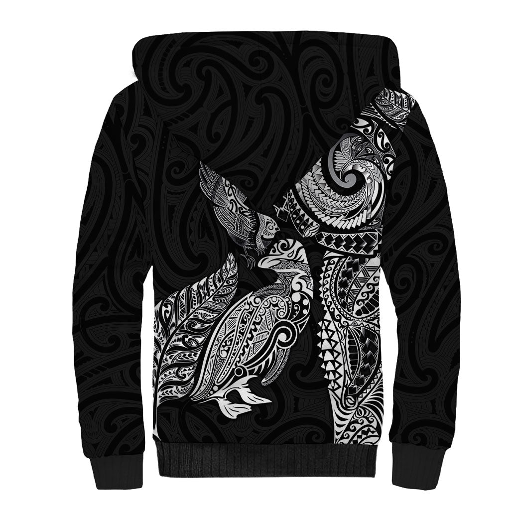 Aotearoa Moko Tribal Tattoo Sherpa Hoodie New Zealand Maori Penguin and Fantail Black Color LT03 - Polynesian Pride