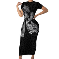 Aotearoa Moko Tribal Tattoo Short Sleeve Bodycon Dress New Zealand Maori Penguin and Fantail Black Color LT03 Long Dress Black - Polynesian Pride