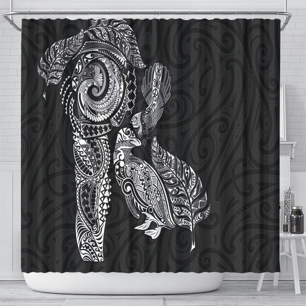 Aotearoa Moko Tribal Tattoo Shower Curtain New Zealand Maori Penguin and Fantail Black Color LT03 - Polynesian Pride