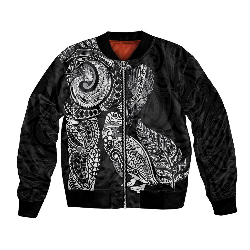 Aotearoa Moko Tribal Tattoo Sleeve Zip Bomber Jacket New Zealand Maori Penguin and Fantail Black Color