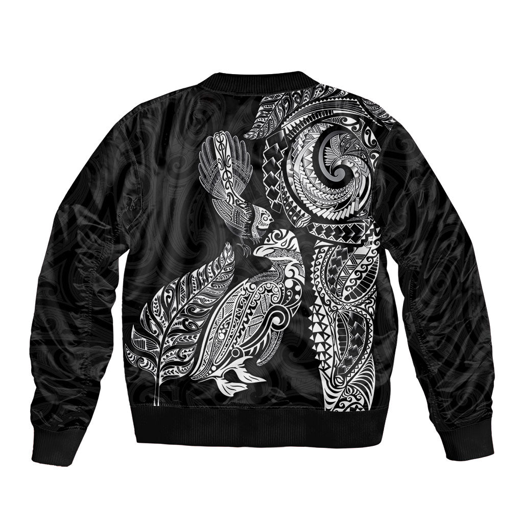Aotearoa Moko Tribal Tattoo Sleeve Zip Bomber Jacket New Zealand Maori Penguin and Fantail Black Color LT03 - Polynesian Pride