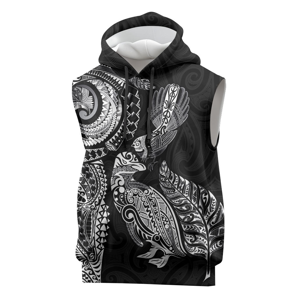 Aotearoa Moko Tribal Tattoo Sleeveless Hoodie New Zealand Maori Penguin and Fantail Black Color LT03 Black - Polynesian Pride