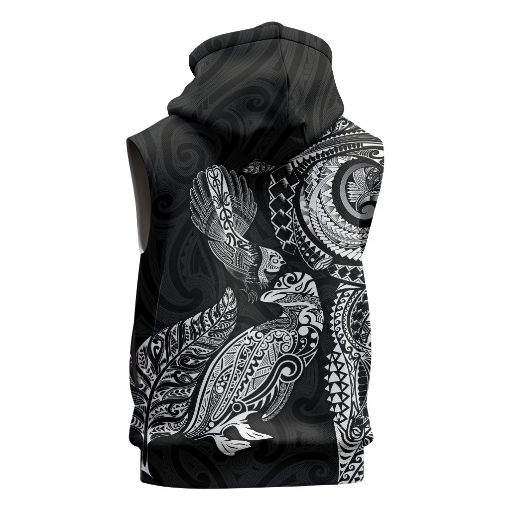 Aotearoa Moko Tribal Tattoo Sleeveless Hoodie New Zealand Maori Penguin and Fantail Black Color LT03 - Polynesian Pride