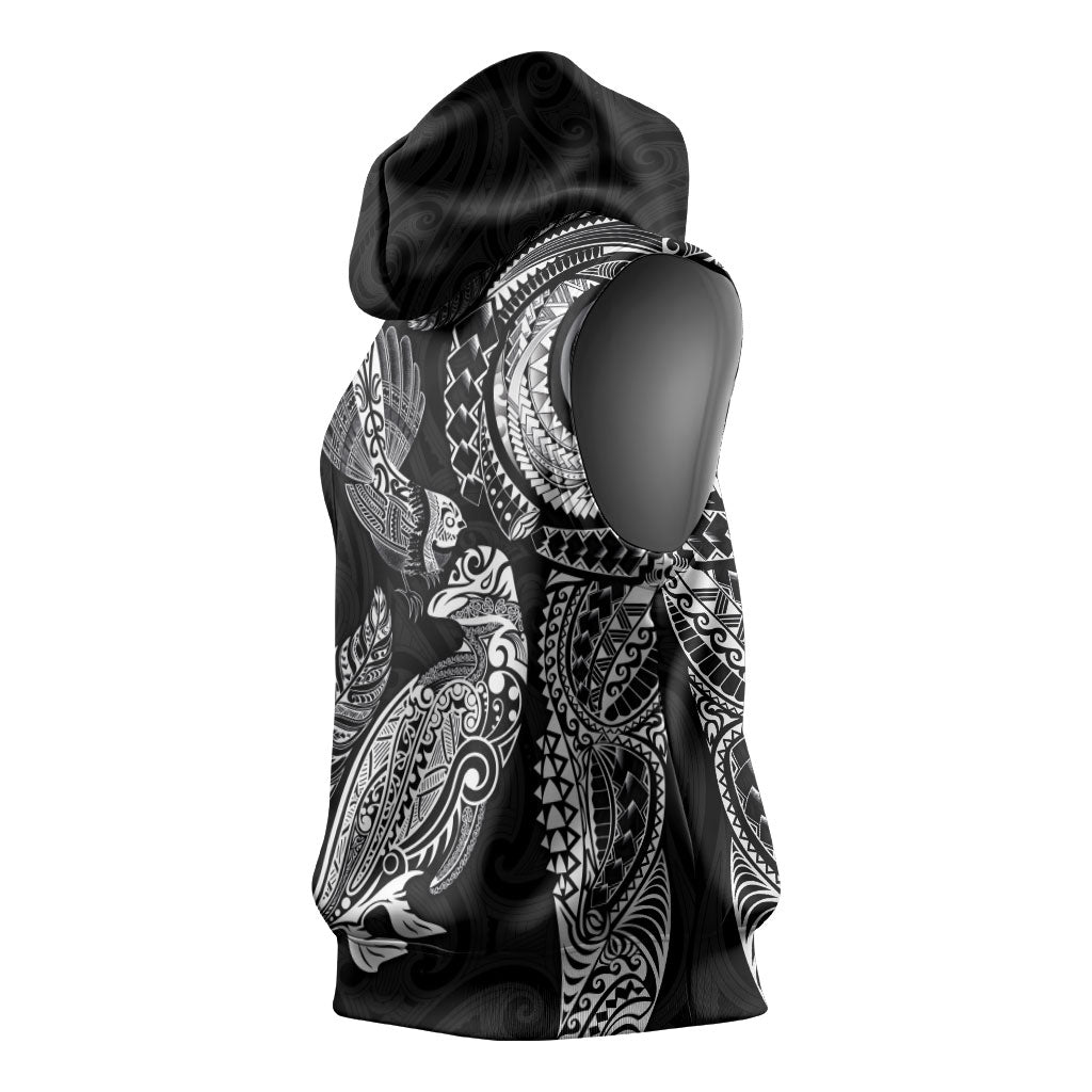 Aotearoa Moko Tribal Tattoo Sleeveless Hoodie New Zealand Maori Penguin and Fantail Black Color LT03 - Polynesian Pride
