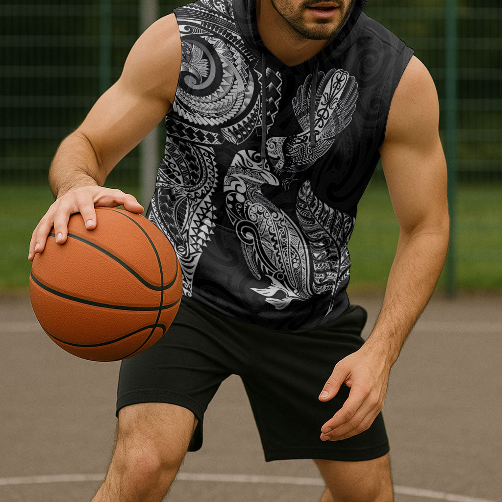 Aotearoa Moko Tribal Tattoo Sleeveless Hoodie New Zealand Maori Penguin and Fantail Black Color LT03 - Polynesian Pride