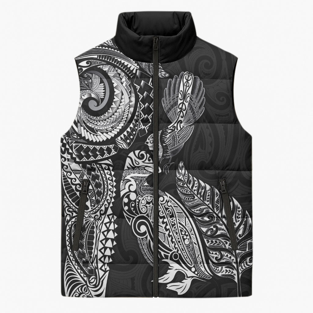 Aotearoa Moko Tribal Tattoo Sleeveless Puffer Jacket New Zealand Maori Penguin and Fantail Black Color LT03 Unisex Black - Polynesian Pride