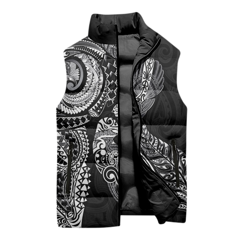 Aotearoa Moko Tribal Tattoo Sleeveless Puffer Jacket New Zealand Maori Penguin and Fantail Black Color LT03 - Polynesian Pride