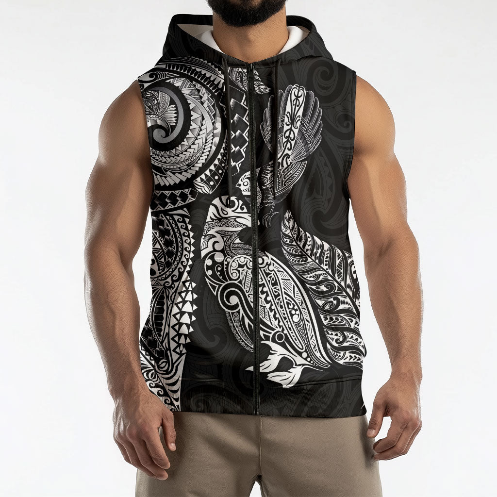 Aotearoa Moko Tribal Tattoo Sleeveless Zip Hoodie New Zealand Maori Penguin and Fantail Black Color LT03 - Polynesian Pride