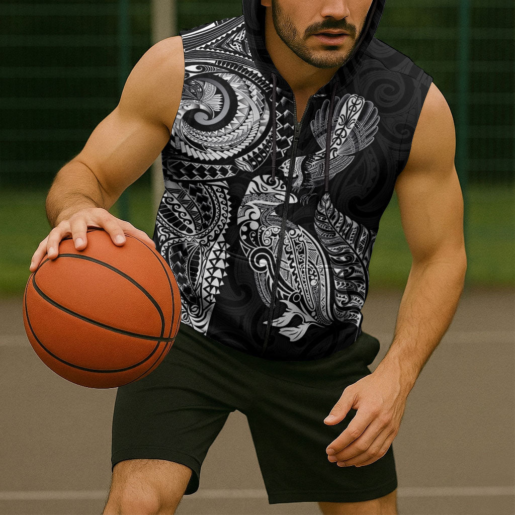 Aotearoa Moko Tribal Tattoo Sleeveless Zip Hoodie New Zealand Maori Penguin and Fantail Black Color LT03 - Polynesian Pride
