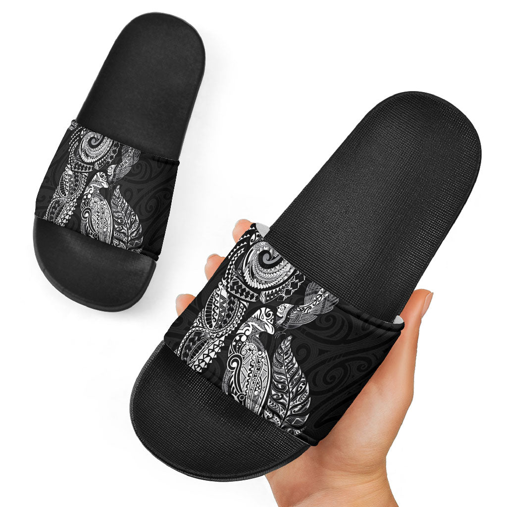 Aotearoa Moko Tribal Tattoo Slide Sandals New Zealand Maori Penguin and Fantail Black Color LT03 - Polynesian Pride