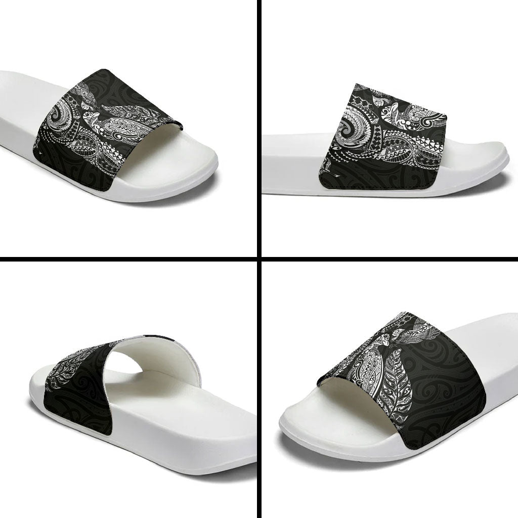 Aotearoa Moko Tribal Tattoo Slide Sandals New Zealand Maori Penguin and Fantail Black Color LT03 - Polynesian Pride