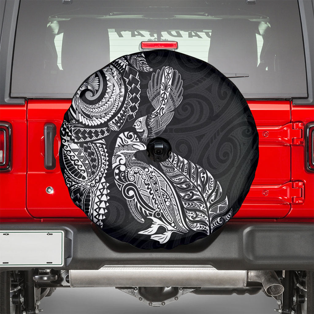 Aotearoa Moko Tribal Tattoo Spare Tire Cover New Zealand Maori Penguin and Fantail Black Color LT03 - Polynesian Pride
