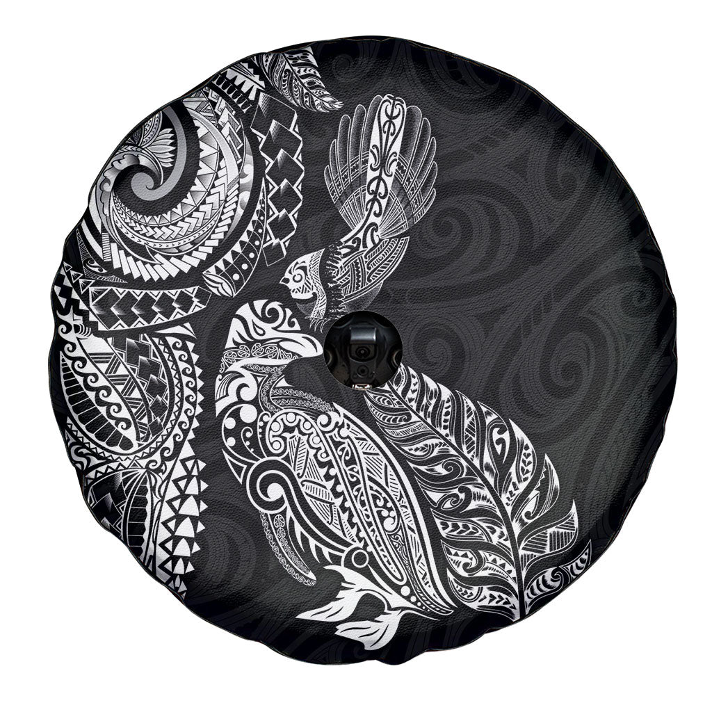 Aotearoa Moko Tribal Tattoo Spare Tire Cover New Zealand Maori Penguin and Fantail Black Color LT03 - Polynesian Pride