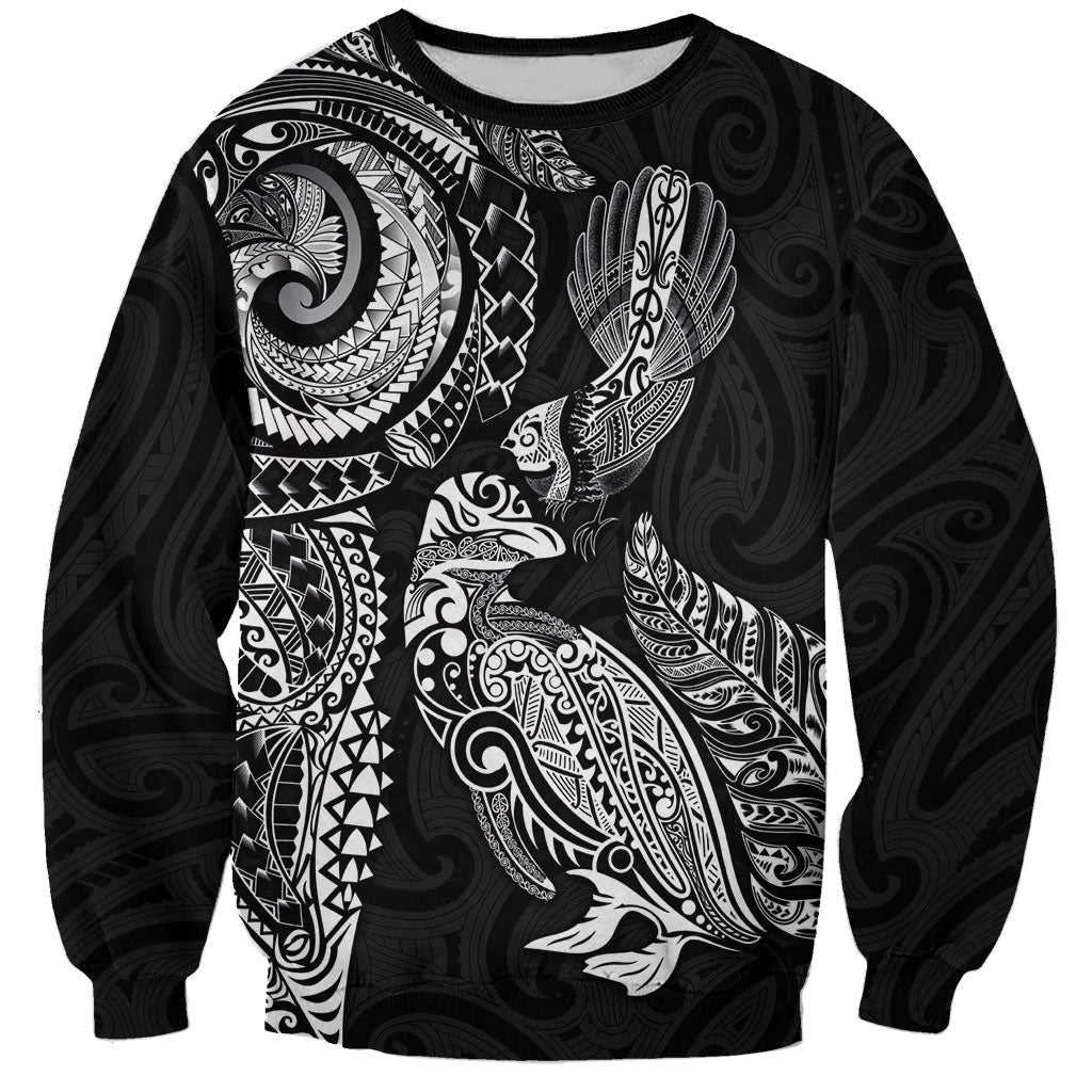 Aotearoa Moko Tribal Tattoo Sweatshirt New Zealand Maori Penguin and Fantail Black Color LT03 Unisex Black - Polynesian Pride