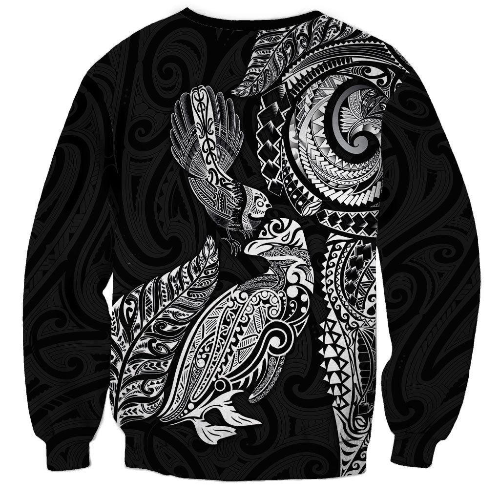 Aotearoa Moko Tribal Tattoo Sweatshirt New Zealand Maori Penguin and Fantail Black Color LT03 - Polynesian Pride