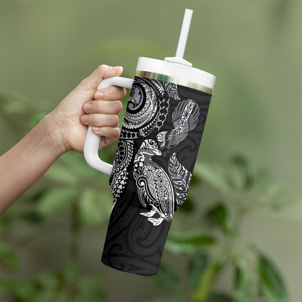 Aotearoa Moko Tribal Tattoo Tumbler With Handle New Zealand Maori Penguin and Fantail Black Color LT03 - Polynesian Pride