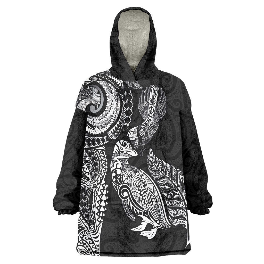 Aotearoa Moko Tribal Tattoo Wearable Blanket Hoodie New Zealand Maori Penguin and Fantail Black Color LT03 One Size Black - Polynesian Pride