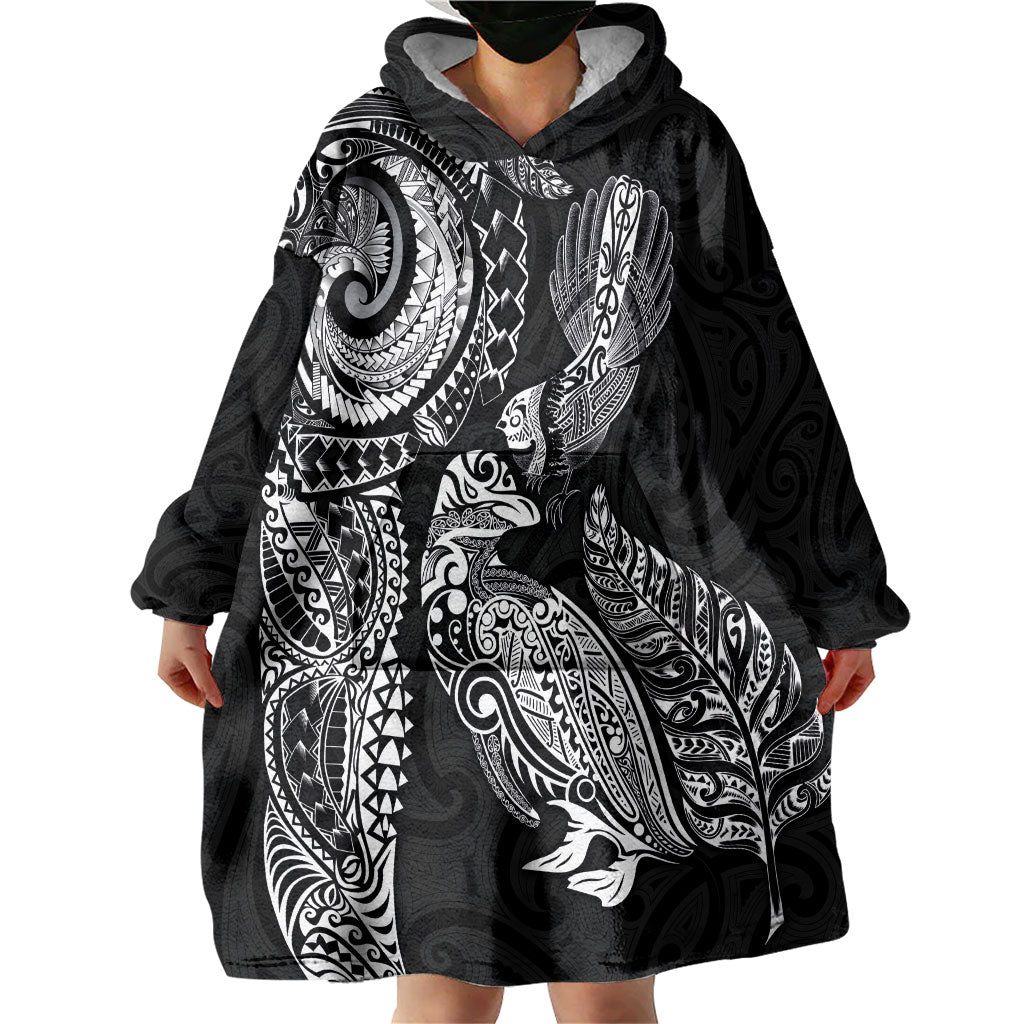 Aotearoa Moko Tribal Tattoo Wearable Blanket Hoodie New Zealand Maori Penguin and Fantail Black Color LT03 - Polynesian Pride