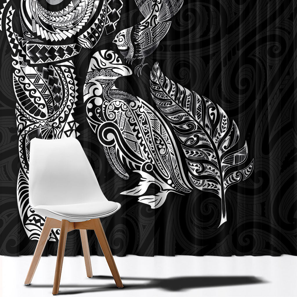 Aotearoa Moko Tribal Tattoo Window Curtain New Zealand Maori Penguin and Fantail Black Color LT03 - Polynesian Pride