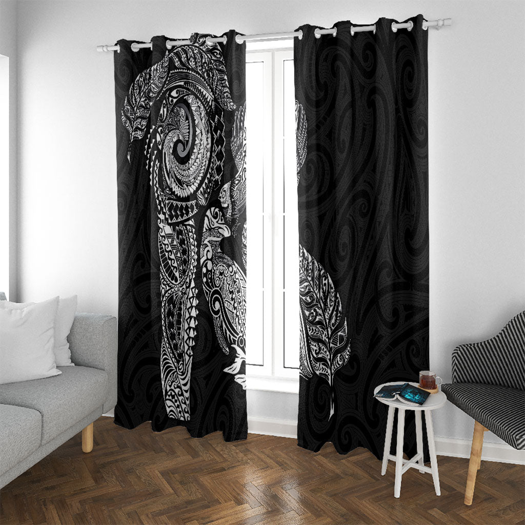 Aotearoa Moko Tribal Tattoo Window Curtain New Zealand Maori Penguin and Fantail Black Color LT03 With Grommets Black - Polynesian Pride