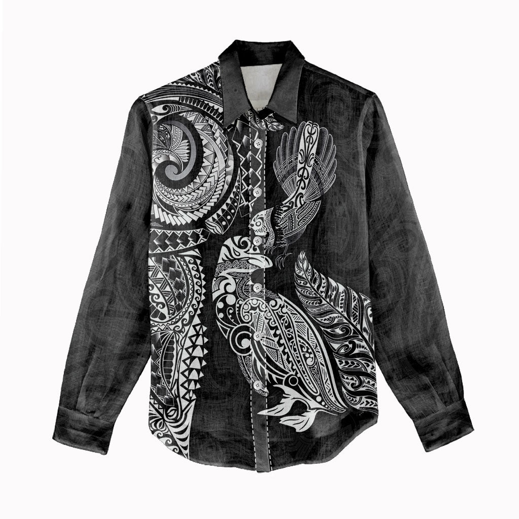 Aotearoa Moko Tribal Tattoo Women Casual Shirt New Zealand Maori Penguin and Fantail Black Color LT03 - Polynesian Pride