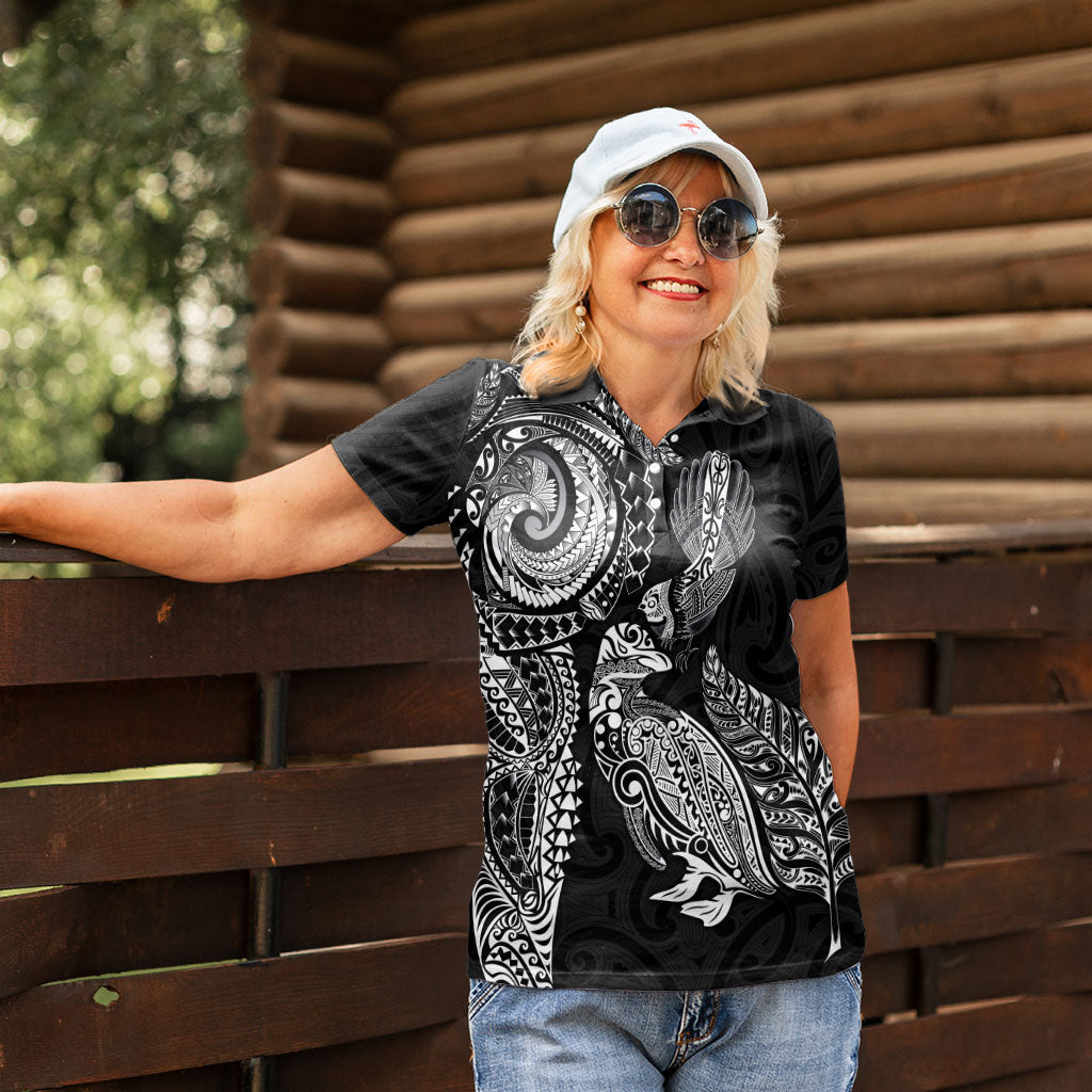 Aotearoa Moko Tribal Tattoo Women Polo Shirt New Zealand Maori Penguin and Fantail Black Color LT03 - Polynesian Pride