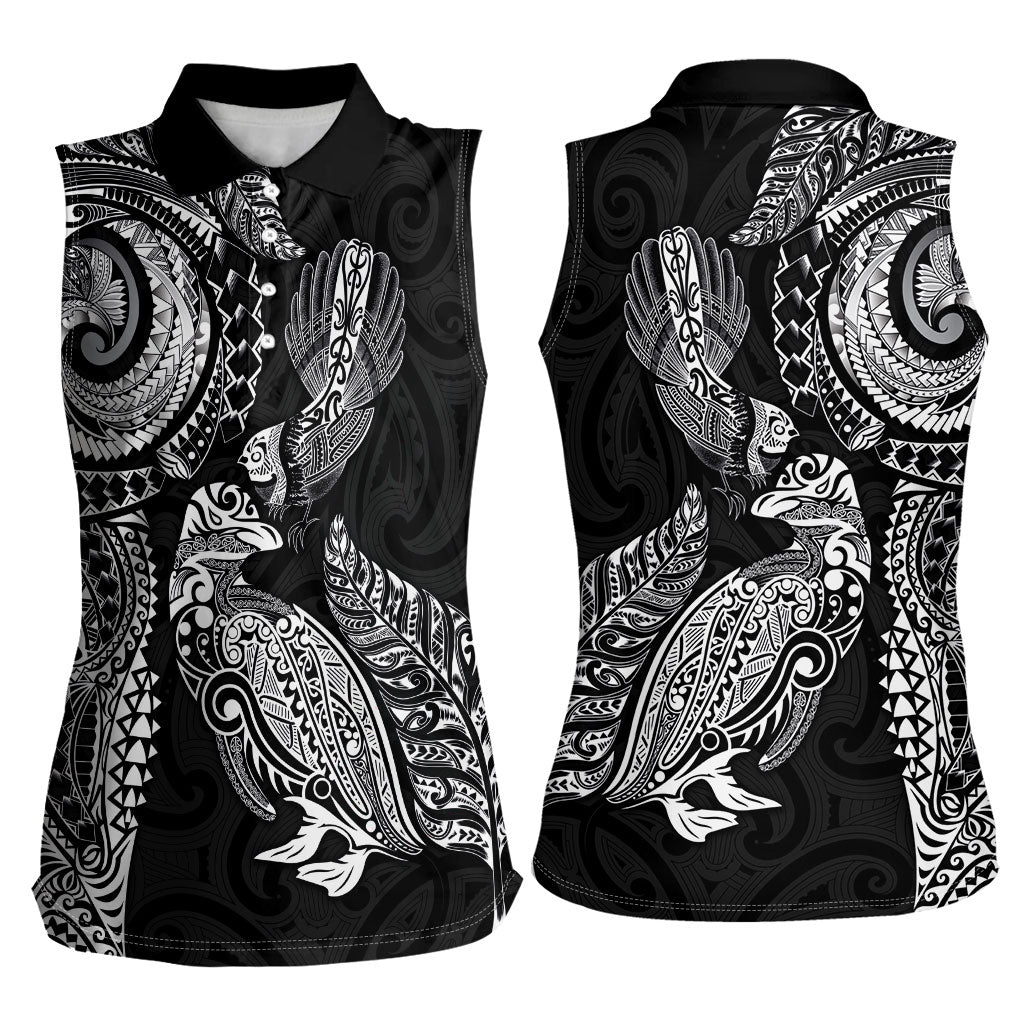 Aotearoa Moko Tribal Tattoo Women Sleeveless Polo Shirt New Zealand Maori Penguin and Fantail Black Color LT03 - Polynesian Pride