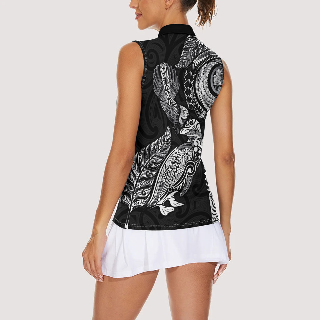 Aotearoa Moko Tribal Tattoo Women Sleeveless Polo Shirt New Zealand Maori Penguin and Fantail Black Color LT03 - Polynesian Pride