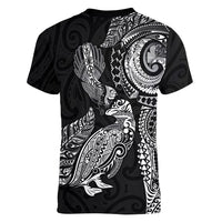 Aotearoa Moko Tribal Tattoo Women V-Neck T-Shirt New Zealand Maori Penguin and Fantail Black Color LT03 - Polynesian Pride