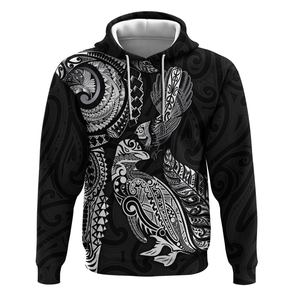 Aotearoa Moko Tribal Tattoo Zip Hoodie New Zealand Maori Penguin and Fantail Black Color LT03 Pullover Hoodie Black - Polynesian Pride
