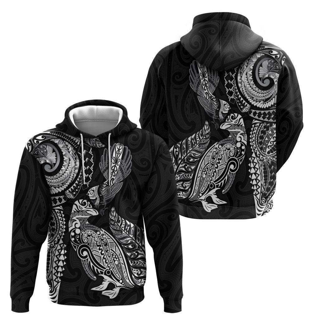 Aotearoa Moko Tribal Tattoo Zip Hoodie New Zealand Maori Penguin and Fantail Black Color LT03 - Polynesian Pride