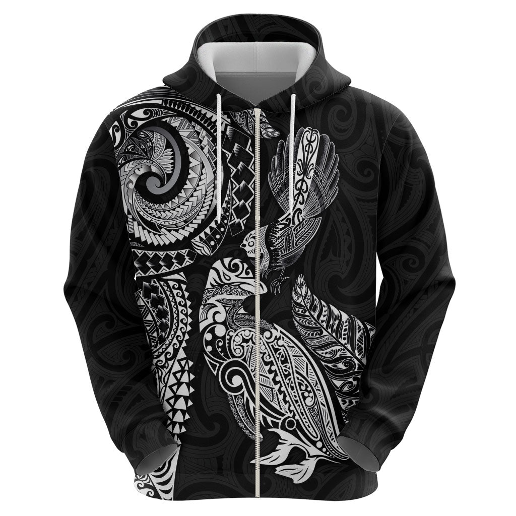 Aotearoa Moko Tribal Tattoo Zip Hoodie New Zealand Maori Penguin and Fantail Black Color LT03 - Polynesian Pride