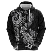 Aotearoa Moko Tribal Tattoo Zip Hoodie New Zealand Maori Penguin and Fantail Black Color LT03 - Polynesian Pride