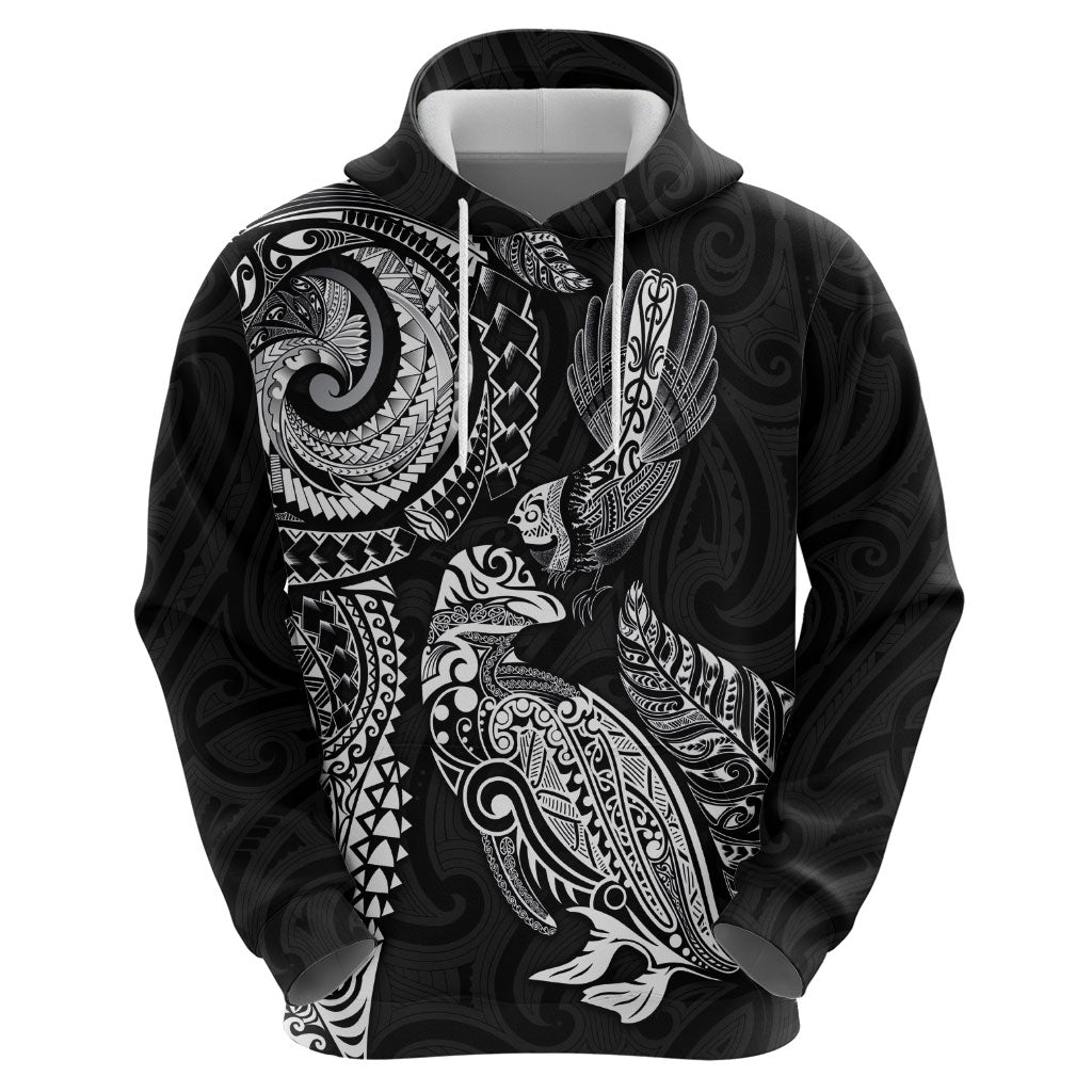 Aotearoa Moko Tribal Tattoo Zip Hoodie New Zealand Maori Penguin and Fantail Black Color LT03 - Polynesian Pride