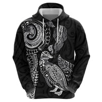 Aotearoa Moko Tribal Tattoo Zip Hoodie New Zealand Maori Penguin and Fantail Black Color LT03 - Polynesian Pride