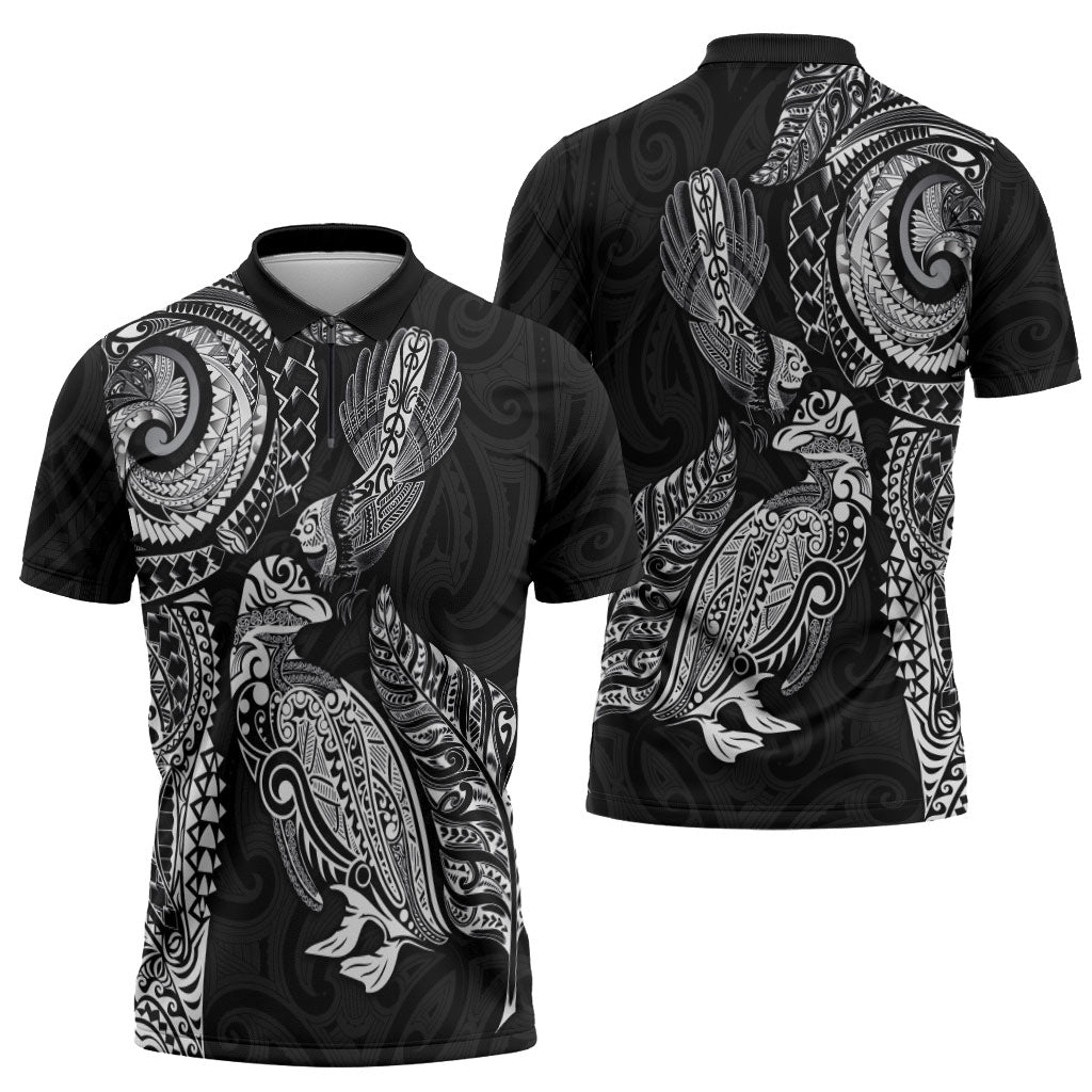 Aotearoa Moko Tribal Tattoo Zipper Polo Shirt New Zealand Maori Penguin and Fantail Black Color LT03 - Polynesian Pride