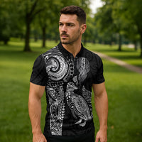 Aotearoa Moko Tribal Tattoo Zipper Polo Shirt New Zealand Maori Penguin and Fantail Black Color LT03 - Polynesian Pride