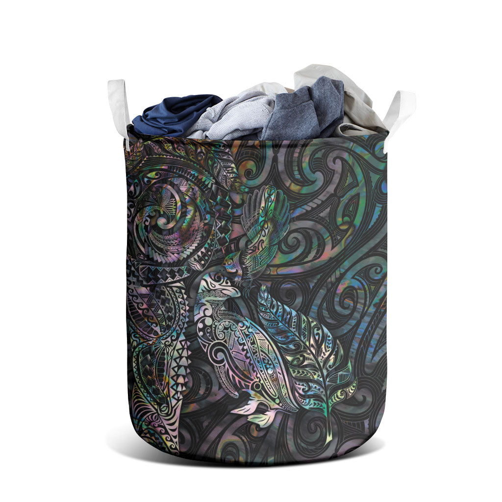 Aotearoa Moko Tribal Tattoo Laundry Basket New Zealand Maori Penguin and Fantail Paua Shell Style LT03 - Polynesian Pride