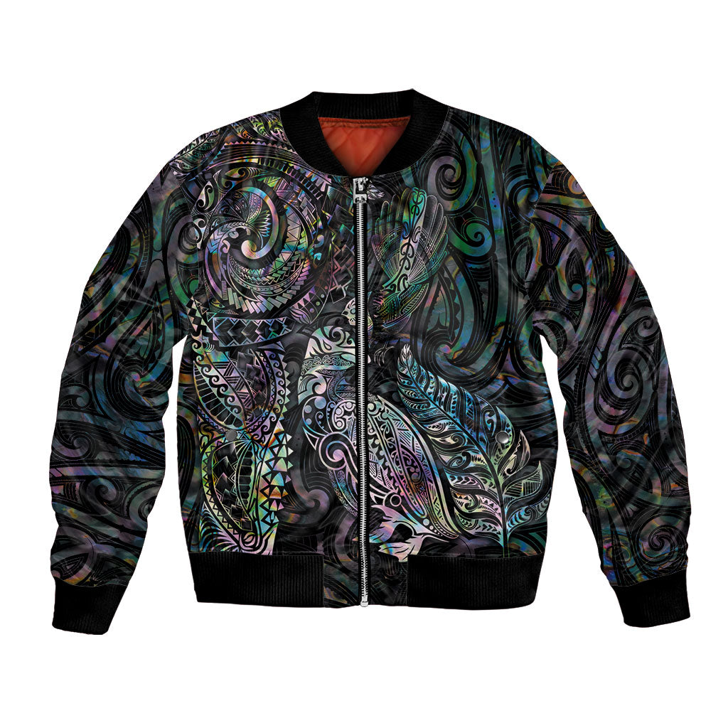 Aotearoa Moko Tribal Tattoo Bomber Jacket New Zealand Maori Penguin and Fantail Paua Shell Style