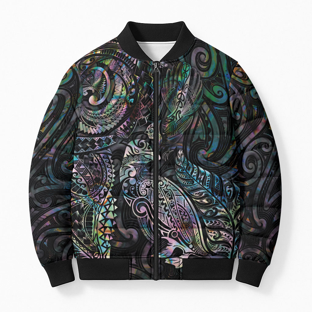 Aotearoa Moko Tribal Tattoo Bomber Puffer Jacket New Zealand Maori Penguin and Fantail Paua Shell Style