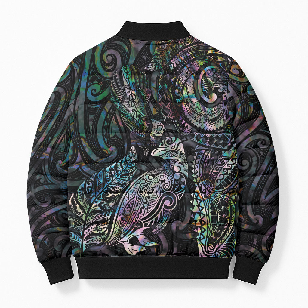 Aotearoa Moko Tribal Tattoo Bomber Puffer Jacket New Zealand Maori Penguin and Fantail Paua Shell Style