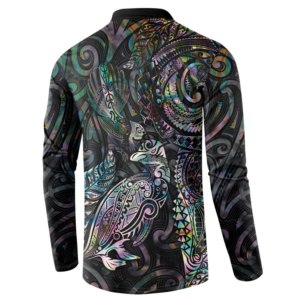 Aotearoa Moko Tribal Tattoo Button Sweatshirt New Zealand Maori Penguin and Fantail Paua Shell Style