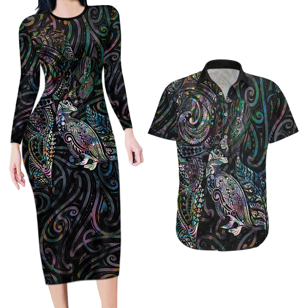 Aotearoa Moko Tribal Tattoo Couples Matching Long Sleeve Bodycon Dress and Hawaiian Shirt New Zealand Maori Penguin and Fantail Paua Shell Style LT03 Multicolor - Polynesian Pride
