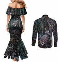 Aotearoa Moko Tribal Tattoo Couples Matching Mermaid Dress and Long Sleeve Button Shirt New Zealand Maori Penguin and Fantail Paua Shell Style LT03 - Polynesian Pride