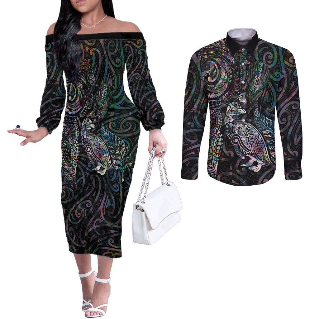 Aotearoa Moko Tribal Tattoo Couples Matching Off The Shoulder Long Sleeve Dress and Long Sleeve Button Shirt New Zealand Maori Penguin and Fantail Paua Shell Style