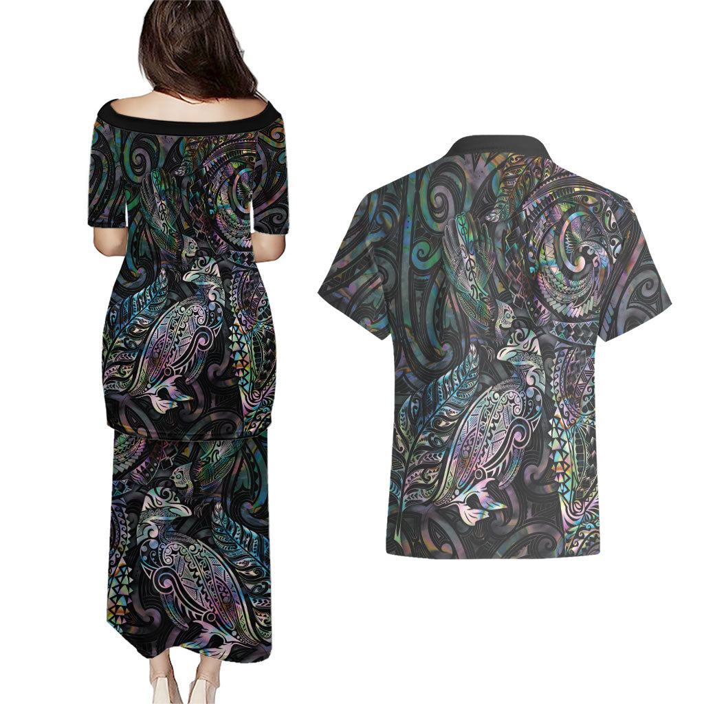 Aotearoa Moko Tribal Tattoo Couples Matching Puletasi and Hawaiian Shirt New Zealand Maori Penguin and Fantail Paua Shell Style LT03 - Polynesian Pride