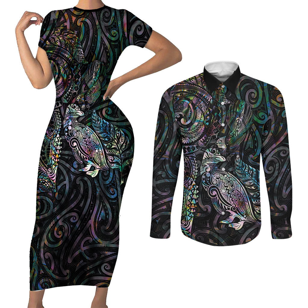 Aotearoa Moko Tribal Tattoo Couples Matching Short Sleeve Bodycon Dress and Long Sleeve Button Shirt New Zealand Maori Penguin and Fantail Paua Shell Style